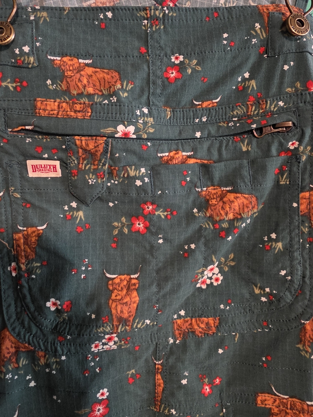 Duluth Trading Co Women's Heirloom Gardening Overalls in Cute Highland Cow Print - Picture 2 of 6